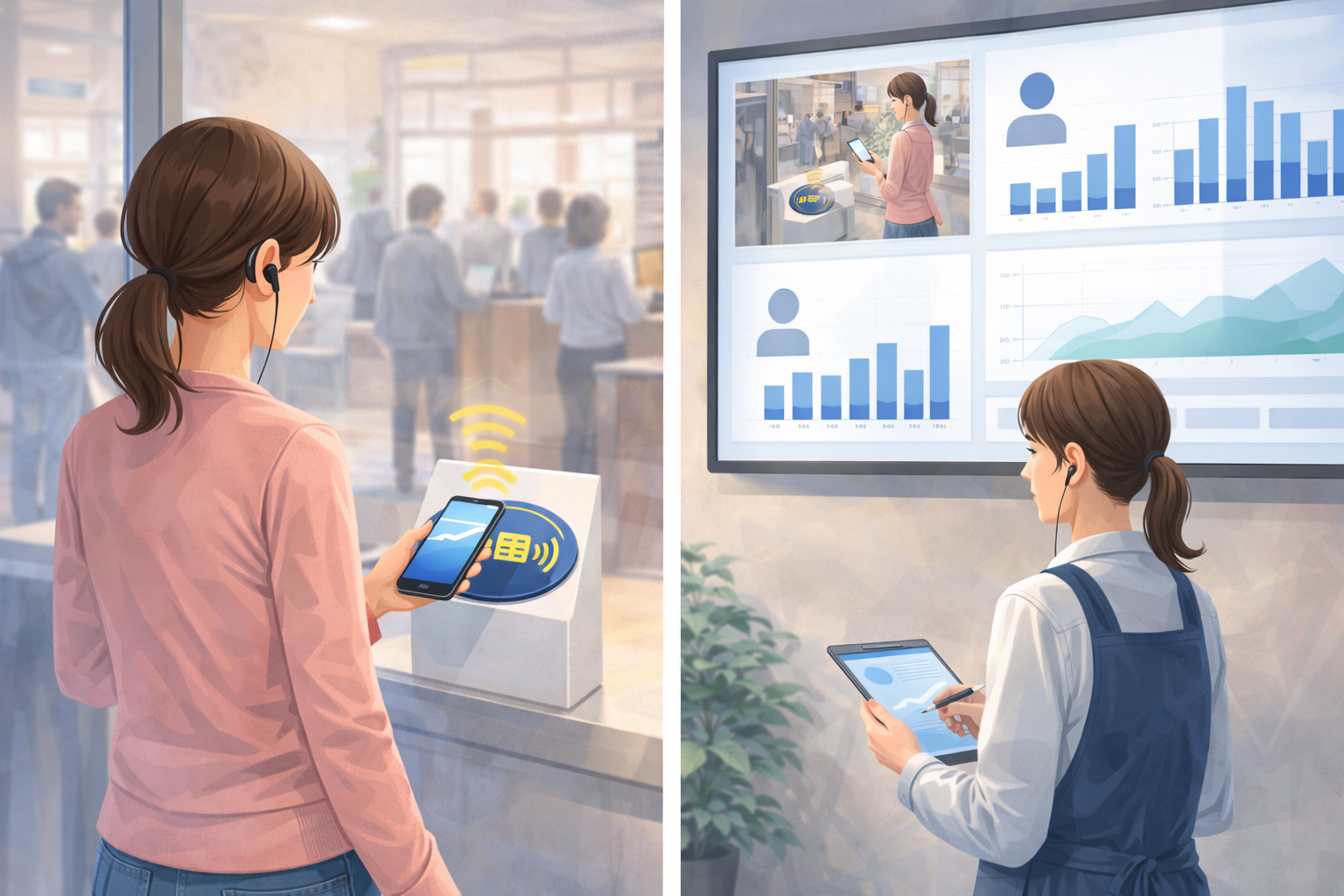 スタッフがタブレットでポイント処理するシーン